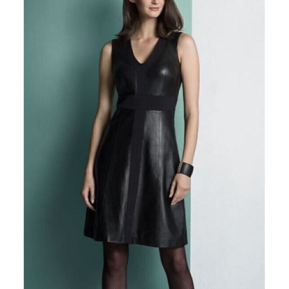 Etcetera Dress Womens 8 V Neck Leather Ponte Knit Sleeveless A Line Black
